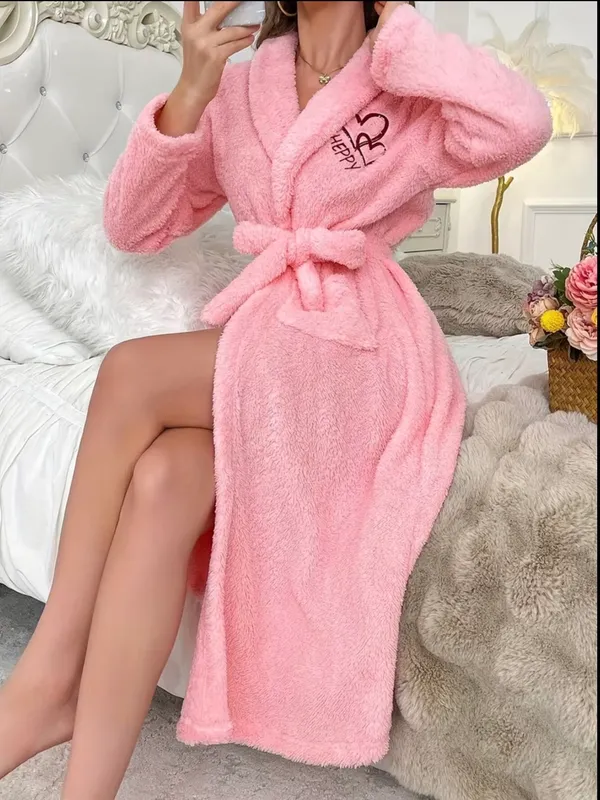 Cozy Plush Pink Women's Robe with Belt - Image 2