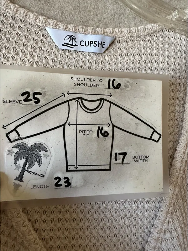 CUPSHE Wrap Waffle Knit Top Sheer Sleeve With Poms Beige Women’s Small - Image 4