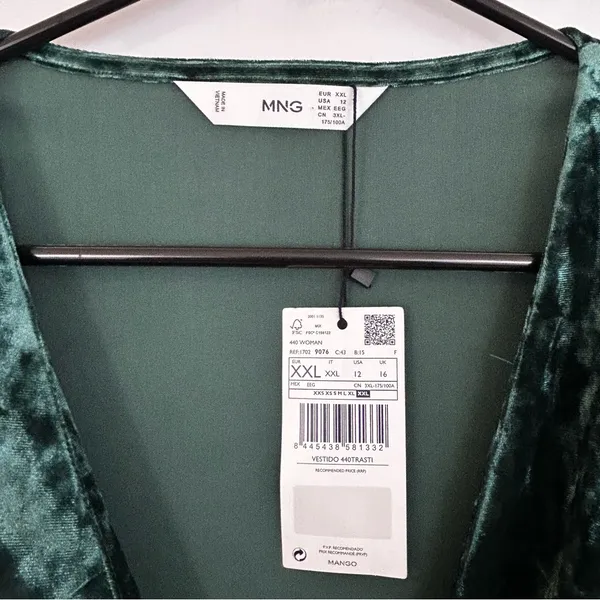 NWT Mango Green Crushed Velvet V-neck Ruched Long Sleeve Mini Dress Size XXL - Image 6