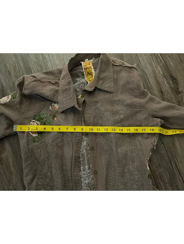 Y2K De Sport Aziza Brown Button Up Shirt Boho Embroidered M - Image 7