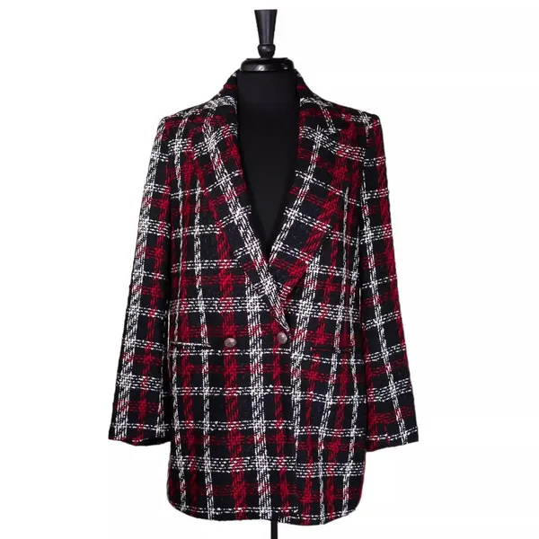 ZARA Overside Plaid Front Double Breasted Tweed Blazer Button Lined M Black Red - Image 2