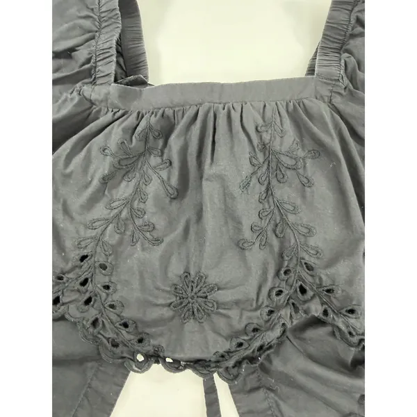 American Eagle Black Eyelet Embroidered Tie Back Crop Top Small Square Neck Puff - Image 10