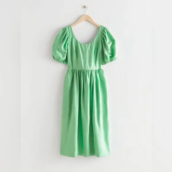 NWT & Other Stories Sea Green Silk Puff Sleeve Tie Back Voluminous Midi Dress 6 - Image 2