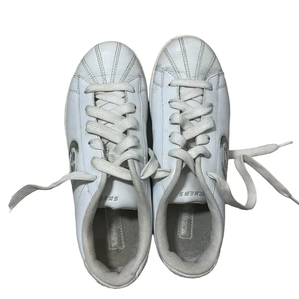 Vtg Skechers White Sneakers 10 Leather Silver Logo Y2k 1990s Shoes WSL Lace up - Image 5
