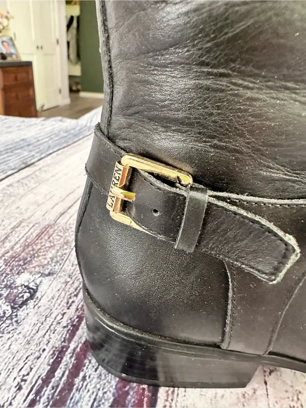 Lauren Ralph Lauren Black Leather Knee-High Riding Boots with Buckle Detail - Image 2