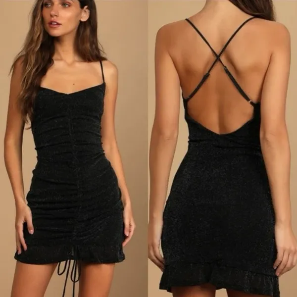 Lulu’s Black Sparkly Ruched Bodycon Mini Dress size S NWT - Image 2