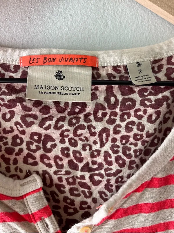 Maison Scotch• Hot Pink & Cream Striped/Leopard Print Henley• Sz 2 - Image 9