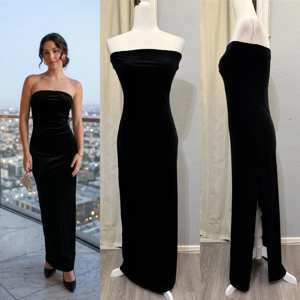 Misty Rose Black Velvet Strapless Maxi Dress M‎ Side Slit Bodycon Gothic Vampire - Image 2