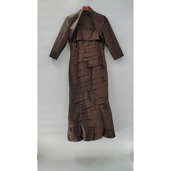 Rina di Montella Silk Jacket Dress 2 Pc 10 Brown Trumpet Tiered Mother of Bride - Image 10