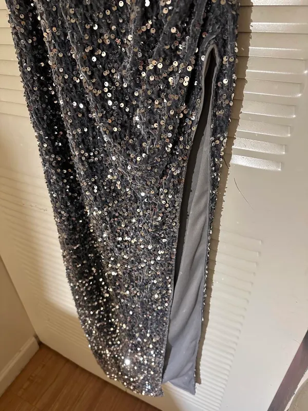Gray & silver sequin maxi dress with a high slit, velvet #glamour #party #fashion - Image 3