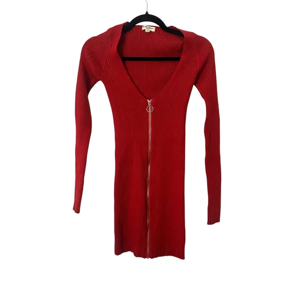FOR LOVE‎ & LEMONS Annie Ribbed Knit Zippered Mini Dress Red X-Small - Image 2