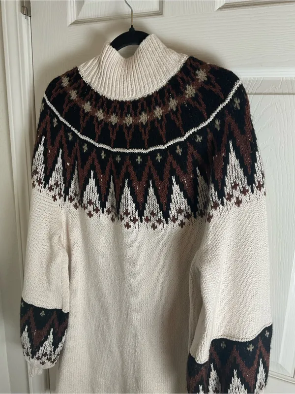 Free People Scotland Fair Isle Balloon Sleeve Mock Neck Sweater Dress M - Image 11