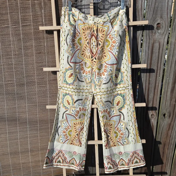 Zara beautiful print flare leg pants Linen Blend Small - Image 5