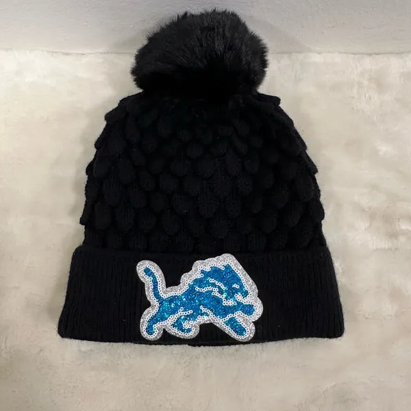 National Football League Detroit lions Black Knit Beanie with Blue Sequin Lion logo! - Image 4