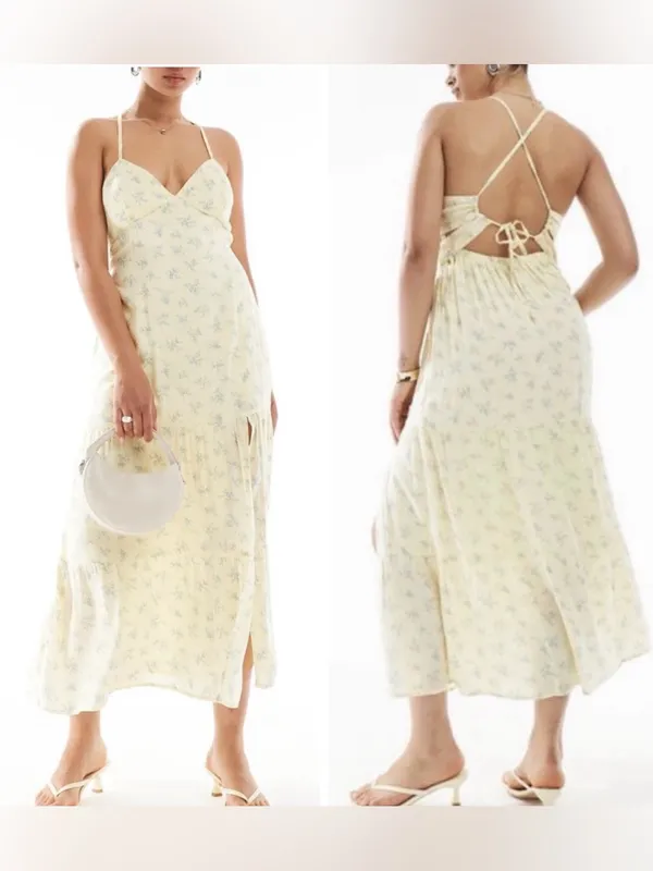 Hollister Pale Yellow Blue Floral Print Adjustable Strap Open Back Slip Dress XS - Image 2