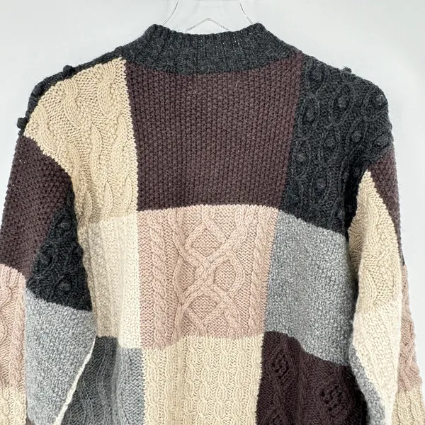 L.L. Bean 100% wool sweater vintage crew pullover patchwork chunky fisherman M Tan Size M - Image 4