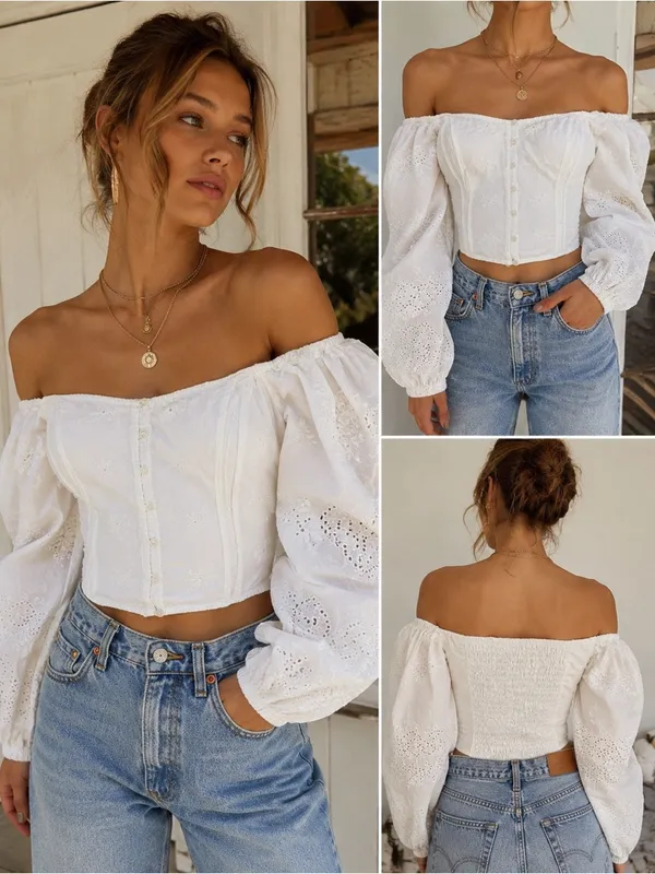 Free People White Eyelet Off Shoulder Milkmaid Peasant Crop Top Boho - Image 2