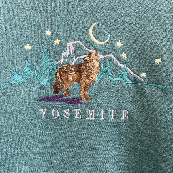 Vintage 90s Blue Yosemite Embroidered Wolf Mountain Crewneck Pullover Sweatshirt - Image 5