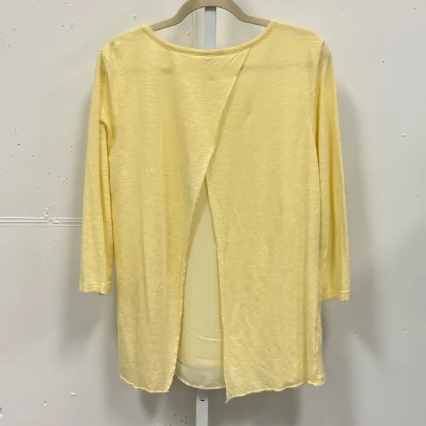 Ann Taylor Sunny Yellow Linen Blend Split Back Layered Top 3/4 Sleeve Large Boho - Image 2