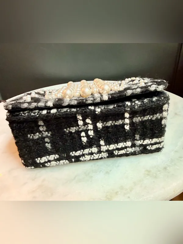 Chico's Pearl Embellished Tweed Crossbody Bag Black White Evening Clutch - Image 5