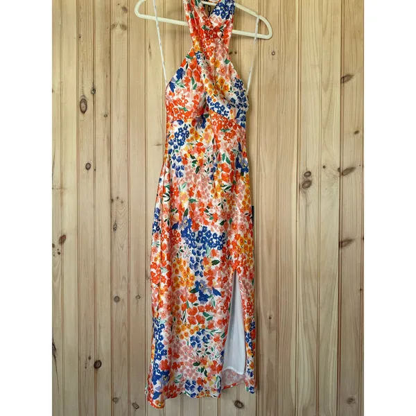 NWT Lulus Bold Presence Orange Multi Floral Satin Halter Midi Dress Party Size S - Image 2