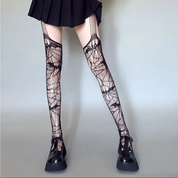 Black Bat Fishnet Suspender Tights Hollow Out High Waist Mesh Pantyhose One Size - Image 3
