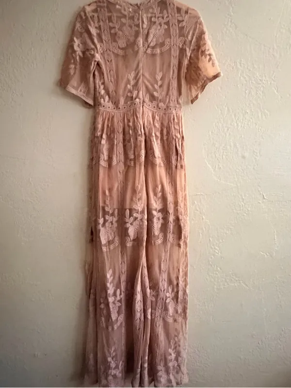 Blush Pink Lace Embroidered Maxi Dress - V-Neck Feminine Silhouette - Image 6