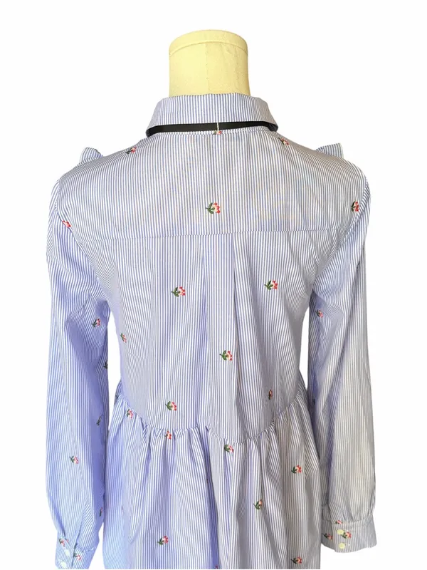 English Factory - Blue Pinstripe Floral Embroidered Ruffle Bow Dress Sz S - Image 5