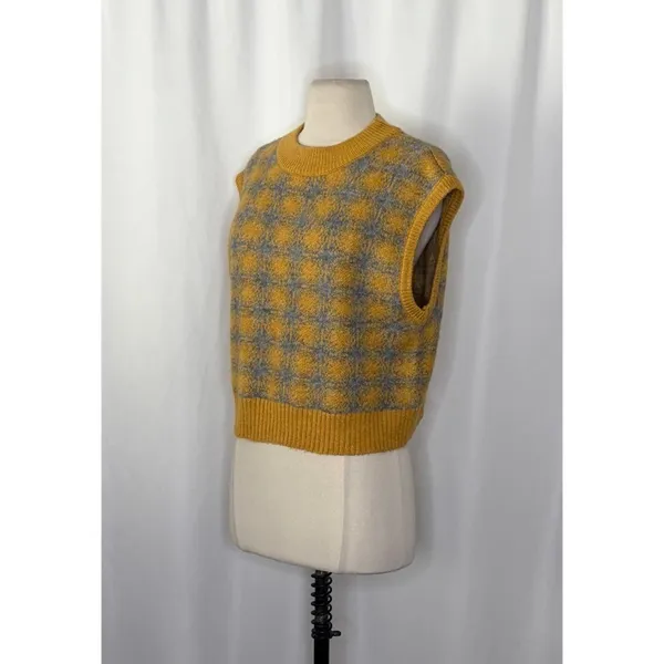 ZARA Chunky Wool Sweater Vest Plaid Star Pattern Yellow Gray Academia Small - Image 5