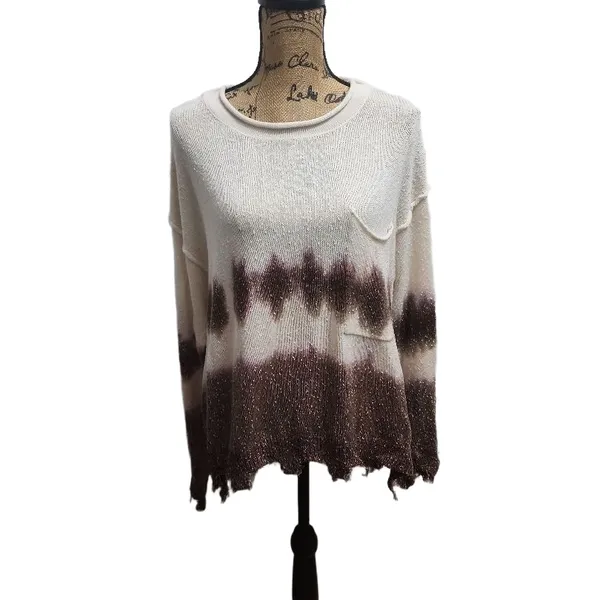 Peach Love Sweater Womens Size Small‎ Cream Brown Tie Dye Distressed Pocket Boho - Image 3