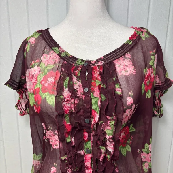 Abercrombie & Fitch Burgundy Maroon Floral Sheer Blouse‎ Boho Size L - Image 2