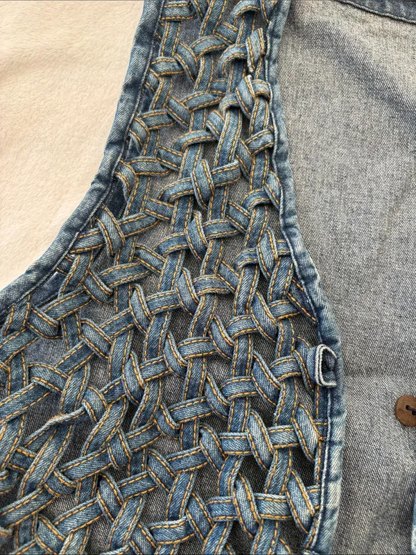 vintage A.J. Denim Button-Up Top denim vest crochet braided western boho 80s - Image 3