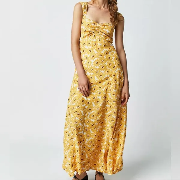 Free People Women’s Rosalee Midi Dress Yellow Combo Sunflowers Floral Print Sz M - Image 11
