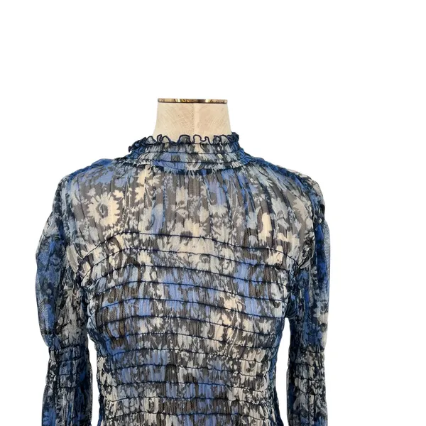 Free People Hello There Top‎ Blouse Smocked Flare Sleeve Mesh Floral Blue Large - Image 5
