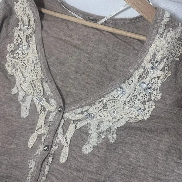 Miss Me Cardigan Womens Large Ombre Taupe Ivory Lace Sweater Romantic Jewels - Image 5