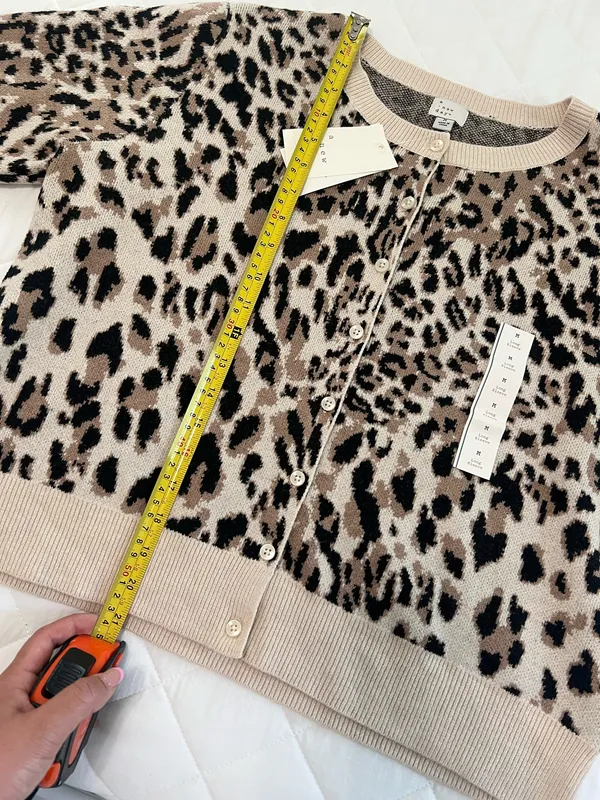A New Day Leopard Print Cardigan Cropped Chic Minimalist Neutral Classic Sweater M - Image 7