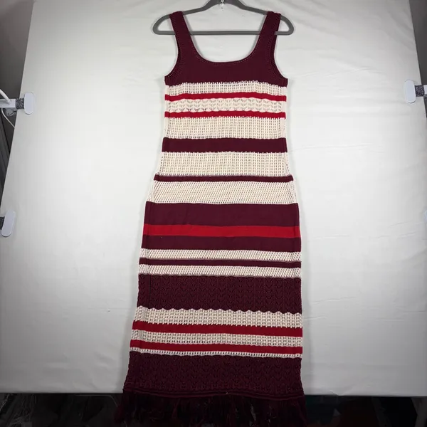 A New Day Womens Burgundy Stripe‎ Crochet Fringe Midi Dress S Burgundy Stripe - Image 6