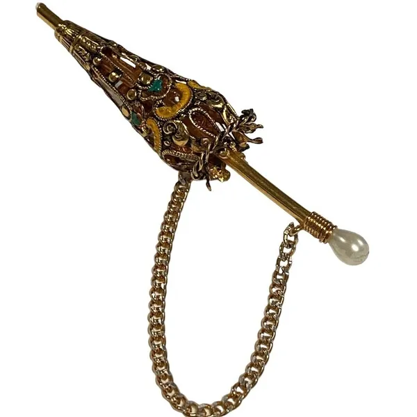 Vintage Umbrella Enamel Parasol Pin Brooch Gold Toned Damascene Pearl Handle - Image 2