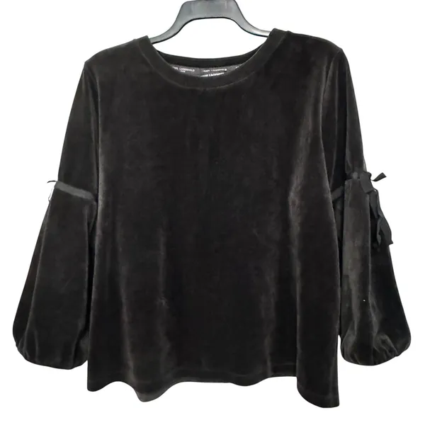 Karl Lagerfeld Paris Black Velvet Bow Sleeve Top XL L8WH9846‎ - Image 2