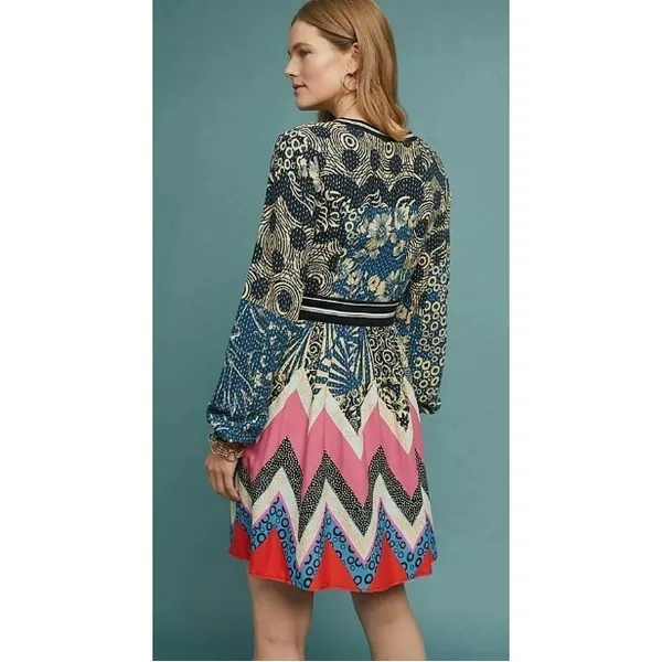 Maeve Anthropologie Sporty Chevron Dress Mixed Print Kantha Fit Flare Dress 8 - Image 10