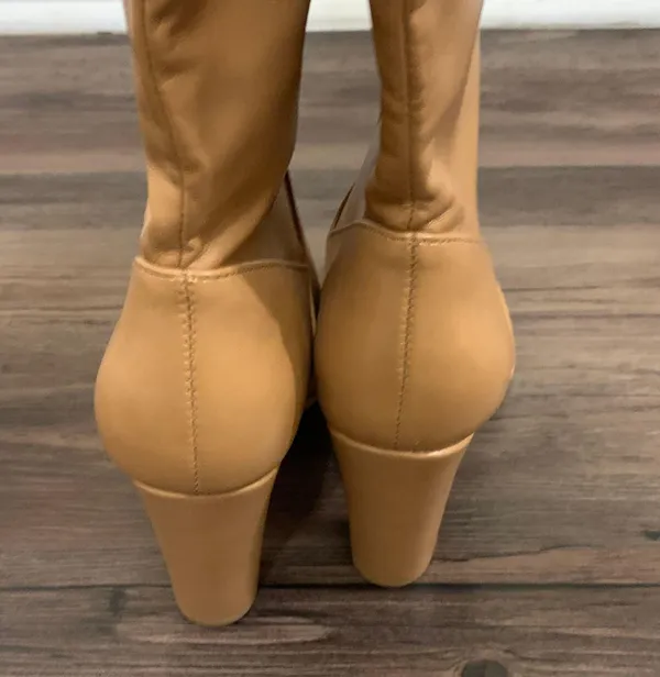 Tan Vegan Leather Heeled Stovepipe Boots - Image 10