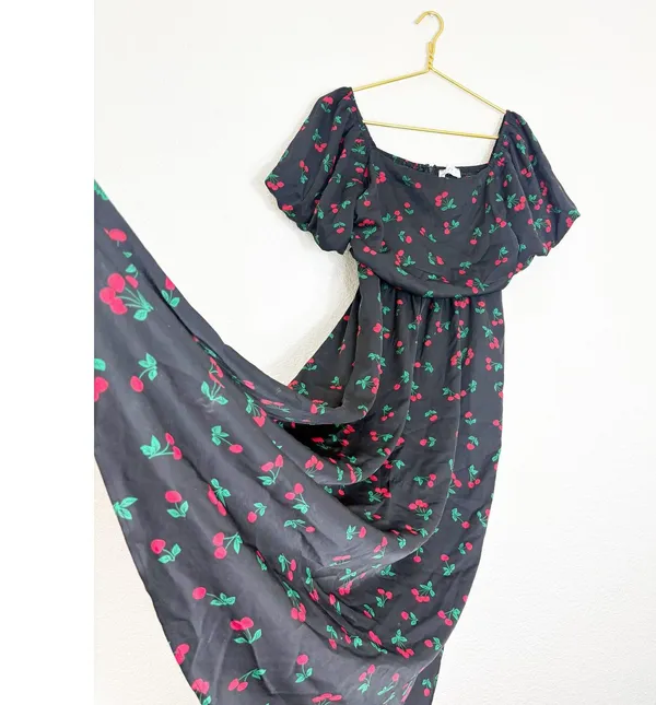 Petal & Pup Chlo Cherry Print Puff Sleeve Midi Dress Size Large Smocked Retro - Image 11