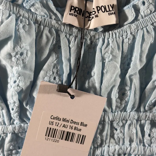 1701 | NWT Princess Polly Carlita Eyelet Boho Babydoll Mini Dress Blue Womens 12 - Image 6