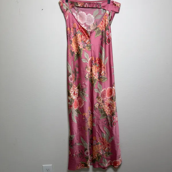 Altar'd State Women Satin Dress XL Pink Floral Strapless Midi Slit Bodycon Event - Image 2