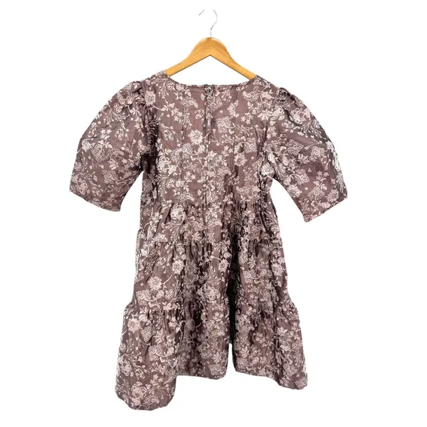 En Saison Jacquard Floral Puff Sleeve Tiered Mini Dress Mauve Pink Brown L‎ - Image 6