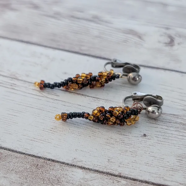 Vintage Clip On Earrings Beaded Dangle Amber Tones & Black - Image 2