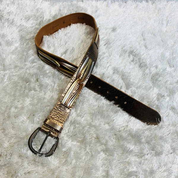 Fossil Gold Silver Wide Leather Belt Sz Medium - Image 13