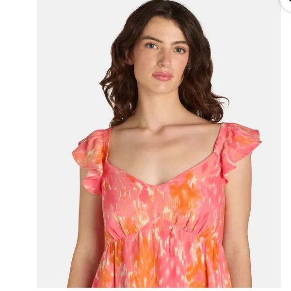 Time and Tru Flutter Sleeve Midi Dress Pink Orange Tie Dye Size M Pockets - Image 10