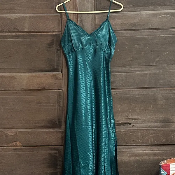 Japna Slip Green Med‎ Babydoll Ruffle Satin Midi Dress Y2K Coquette Indie Glam - Image 2