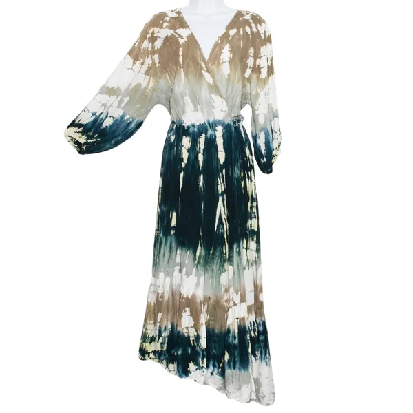 Young Fabulous Broke Dress Tie Dye Faux Wrap Maxi Balloon Sleeve Festival Boho L - Image 2